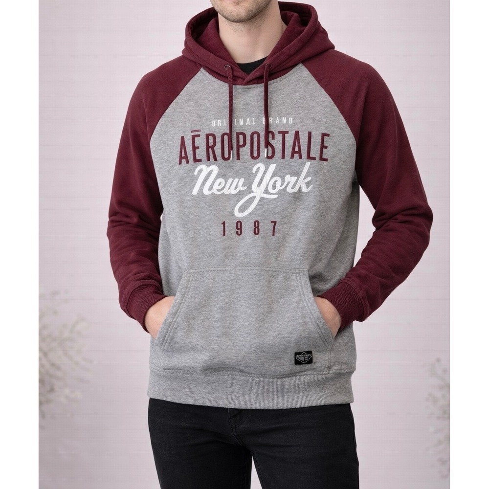 Aeropostale‎ Mens New York 1987 Raglan Graphic Hoodie Grey Burgundy Medium